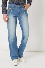 Jeans mujer bordados blue jeans denim tiro medio pantalón casual urbano bolsillos delanteros originales corte recto cómodo versátil tendencia talla L azul claro ✅Entrega 24/48h