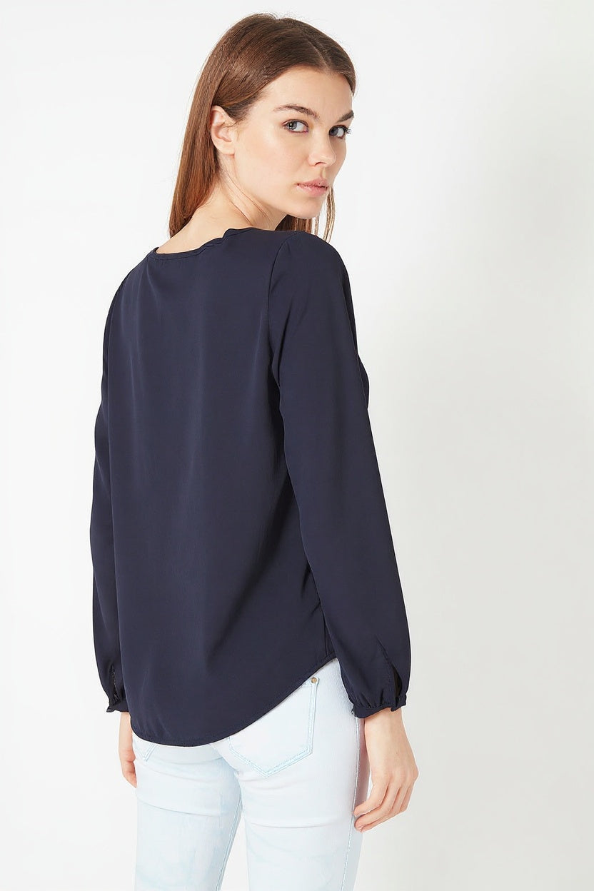 Blusa mujer manga larga retro, camisa top lazo frontal, diseño estampado geométrico, tela ligera, elegante, cómoda, ideal oficina o casual. Color marrón/azul. Talla 38 disponible. ✅Entrega 24/48h