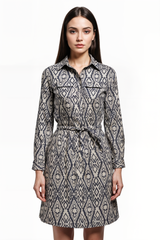 Vestido mujer camisero estampado geométrico azul, dress moderno estilo casual urbano, manga tres cuartos, tela ligera, corte holgado, cómodo y sofisticado, talla S, outfit versátil ideal ciudad ✅Entrega 24/48h