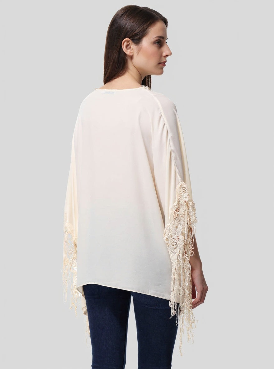 Blusa mujer fluida asimétrica top elegante cuello pico trenzado manga flecos modelo AN-040304 color beige talla 38 estilo versátil cómodo ideal outfits primavera verano fiesta oficina ✅Entrega 24/48h