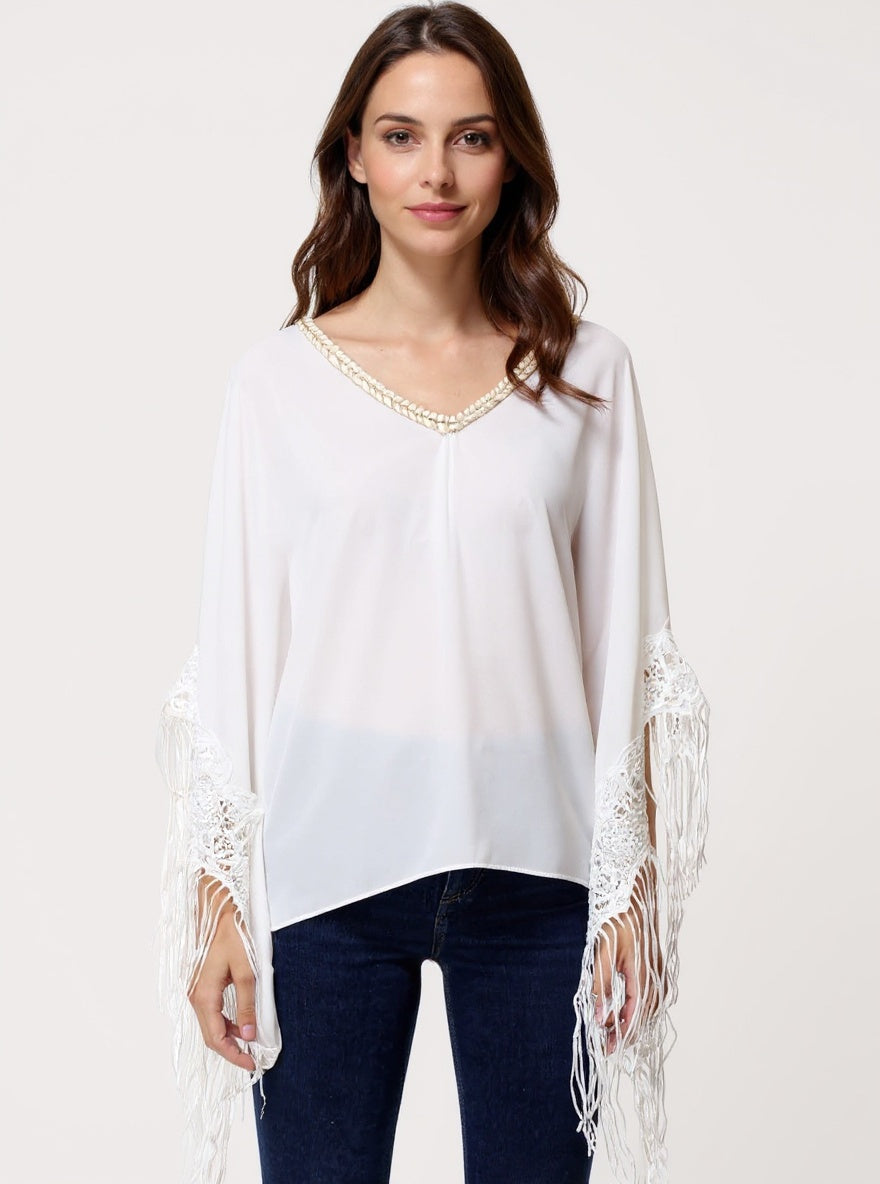 Blusa mujer asimétrica fluida, poncho bohemio, cuello pico trenzado, flecos largos, manga murciélago, estilo elegante casual, talla 38, color blanco, versátil, ligera, ideal verano ✅Entrega 24/48h