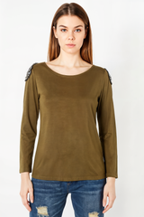 Camiseta Mujer Tipo Blusa Algodón, Diseño Jaspeado con Pedrería en Hombros y Manga Larga- AN-010252