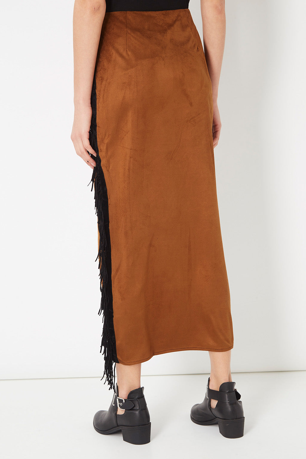 Falda mujer midi nobuk sintético, flecos laterales, cintura elástica, cremallera, corte recto, color camel, elegante y versátil, talla 36, ideal outfits modernos o casuales ✅Entrega 24/48h