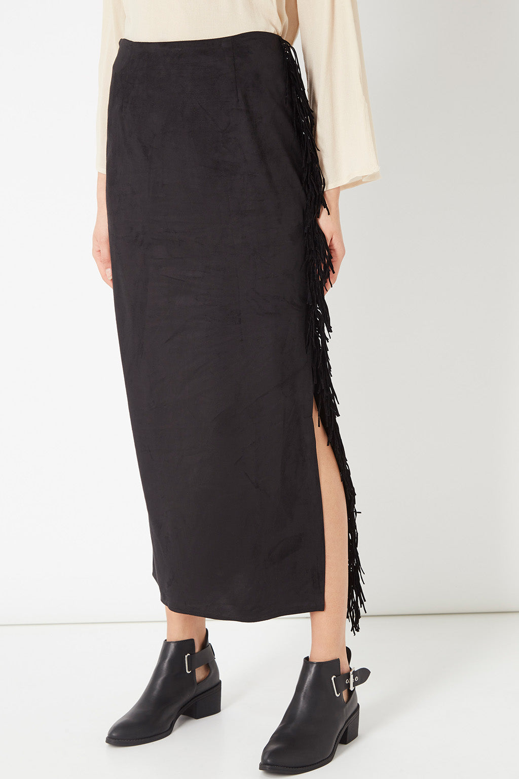 Falda midi negra mujer, efecto nobuk, diseño flecos decorativos, abertura lateral, cintura elástica, cierre cremallera, estilo elegante cómodo versátil, talla 36 disponible ✅Entrega 24/48h