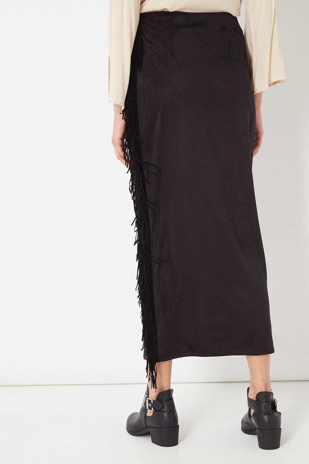 Falda midi negra mujer, efecto nobuk, diseño flecos decorativos, abertura lateral, cintura elástica, cierre cremallera, estilo elegante cómodo versátil, talla 36 disponible ✅Entrega 24/48h