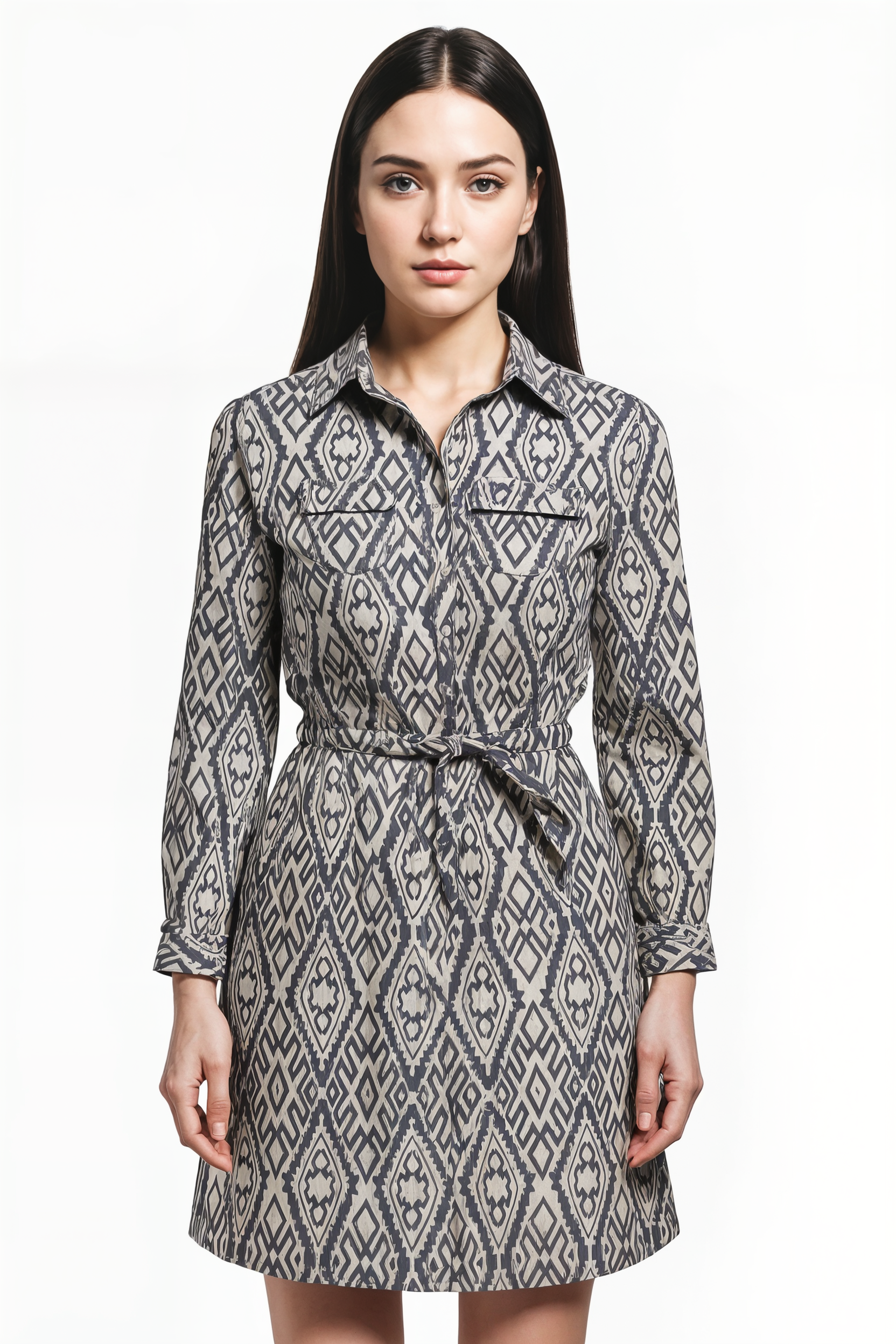 Vestido mujer camisero estampado geométrico azul, dress moderno estilo casual urbano, manga tres cuartos, tela ligera, corte holgado, cómodo y sofisticado, talla S, outfit versátil ideal ciudad ✅Entrega 24/48h