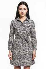 Vestido mujer camisero estampado geométrico azul, dress moderno estilo casual urbano, manga tres cuartos, tela ligera, corte holgado, cómodo y sofisticado, talla S, outfit versátil ideal ciudad ✅Entrega 24/48h