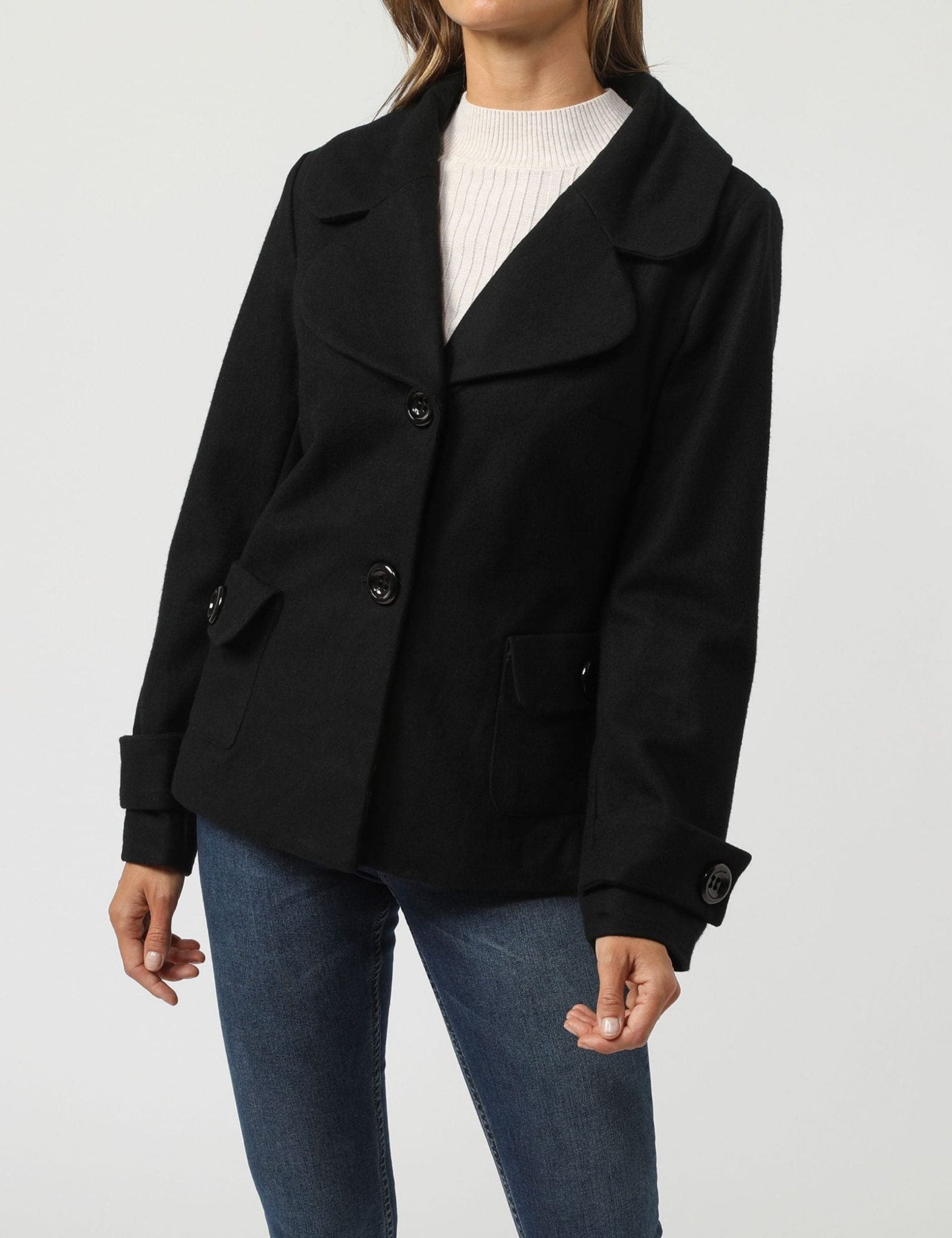 Chaqueta corta mujer blazer elegante tipo americana solapa clásica, botones grandes, bolsillos laterales, tela suave color negro, estilo moderno, talla 36, sofisticada y versátil. ✅Entrega 24/48h
