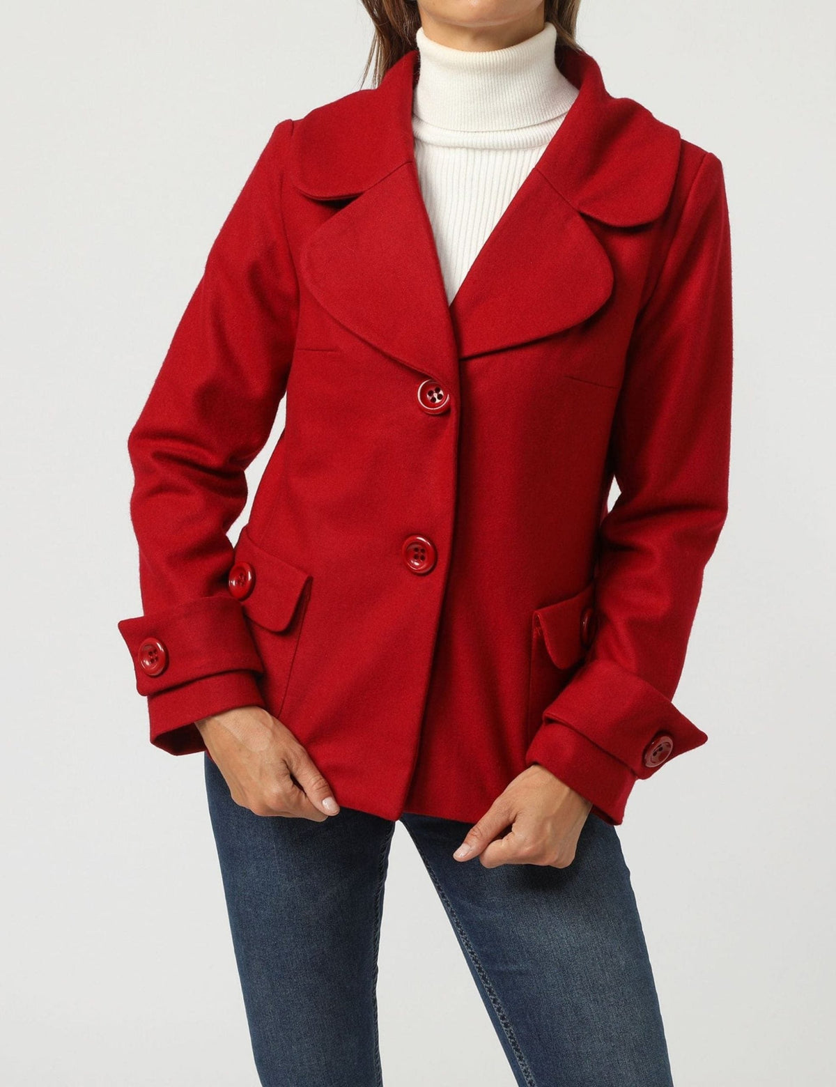Chaqueta mujer saco abrigo solapa ancha botonadura clásica bolsillos decorativos tejido suave corte estructurado elegante color rojo talla 36 ideal oficina y eventos, versátil y cálida ✅Entrega 24/48h