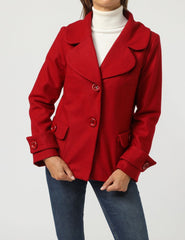 Chaqueta mujer saco abrigo solapa ancha botonadura clásica bolsillos decorativos tejido suave corte estructurado elegante color rojo talla 36 ideal oficina y eventos, versátil y cálida ✅Entrega 24/48h